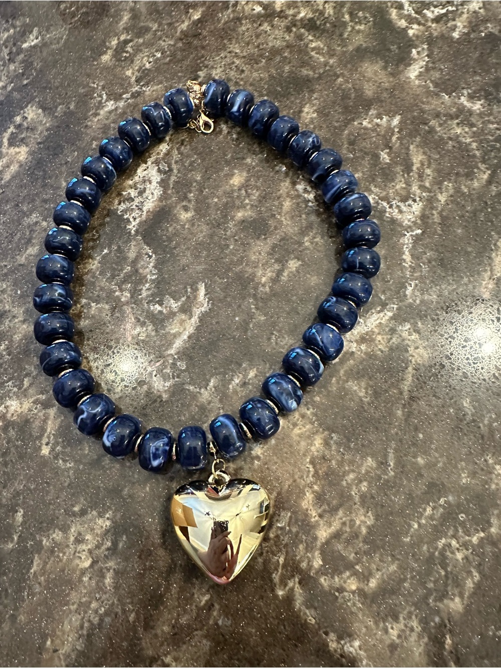 Navy Beaded Necklace with Gold Tone Heart Pendant